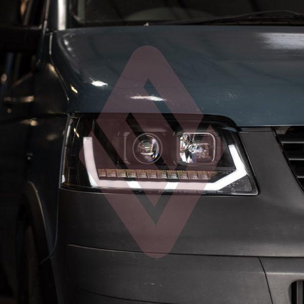 VW Transporter T5 (2003-09) – Headlights – Sequential Indicator – V2 – LED DRL – RHD – Black