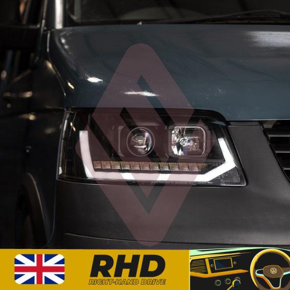 VW Transporter T5 (2003-09) – Headlights – Sequential Indicator – V2 – LED DRL – RHD – Black