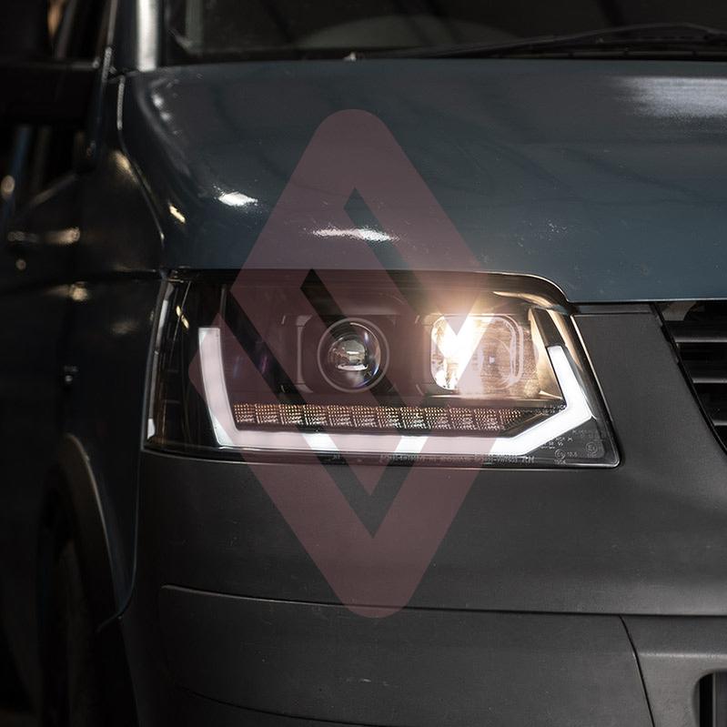 VW Transporter T5 (2003-09) – Headlights – Sequential Indicator – V2 – LED DRL – RHD – Black